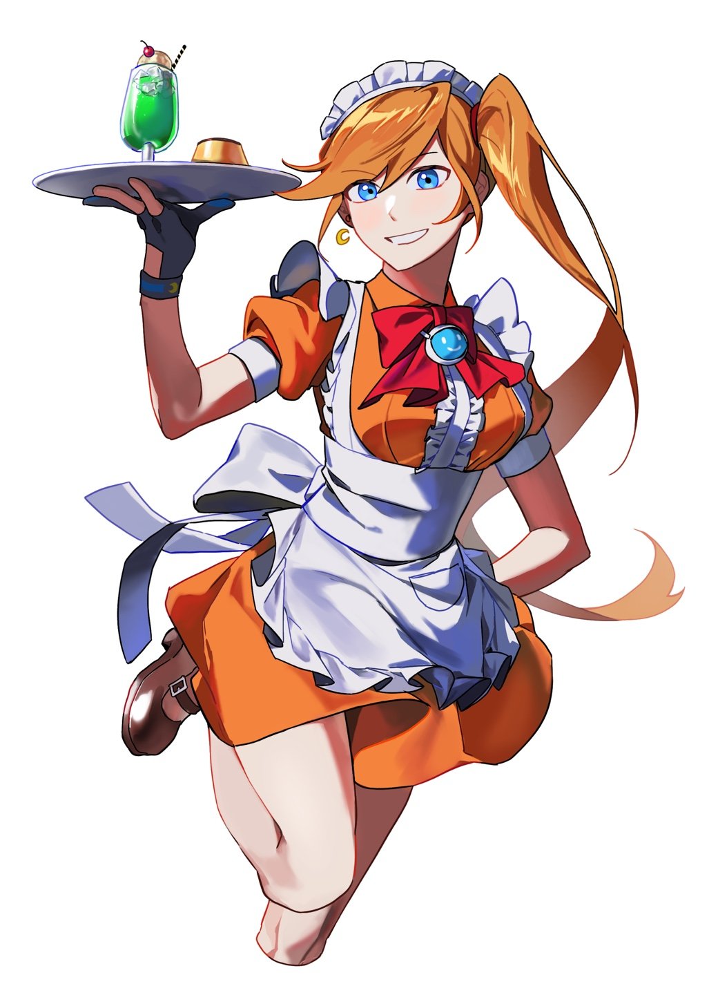 1girl ace_attorney alternate_costume apron athena_cykes black_gloves blue_eyes bow bowtie breasts brown_shoes center_frills choa007 crescent crescent_earrings cropped_legs dress drink drinking_straw earrings food frills gloves grin hand_up highres holding holding_tray jewelry korean_commentary leg_up long_hair looking_at_viewer maid_headdress medium_breasts orange_dress orange_hair phoenix_wright:_ace_attorney_-_dual_destinies poco_grande_glass pudding puffy_short_sleeves puffy_sleeves red_bow red_bowtie shoes short_dress short_sleeves side_ponytail simple_background smile solo tray tres_bien_maid_uniform waist_apron waitress white_apron white_background