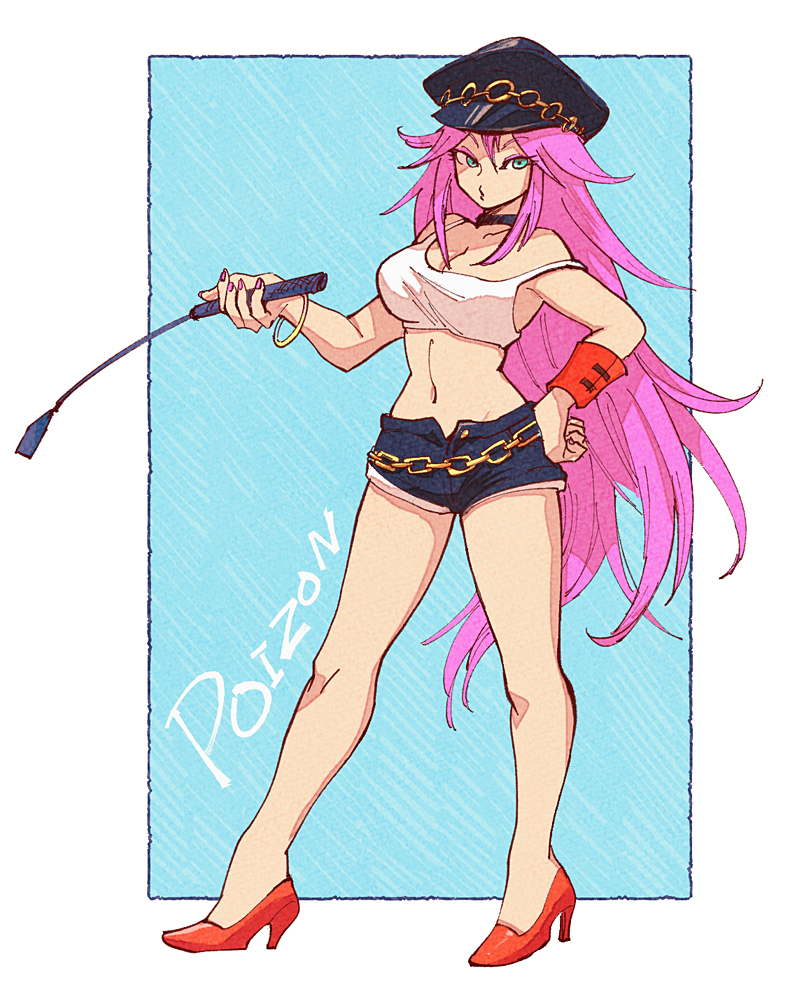 1girl black_choker black_hat blue_eyes breasts chain_belt character_name choker cleavage final_fight full_body hat high_heels large_breasts long_hair looking_at_viewer midriff navel pink_hair poison_(final_fight) pursed_lips red_shoes riding_crop shirt shoes short_shorts shorts solo very_long_hair white_shirt yuza