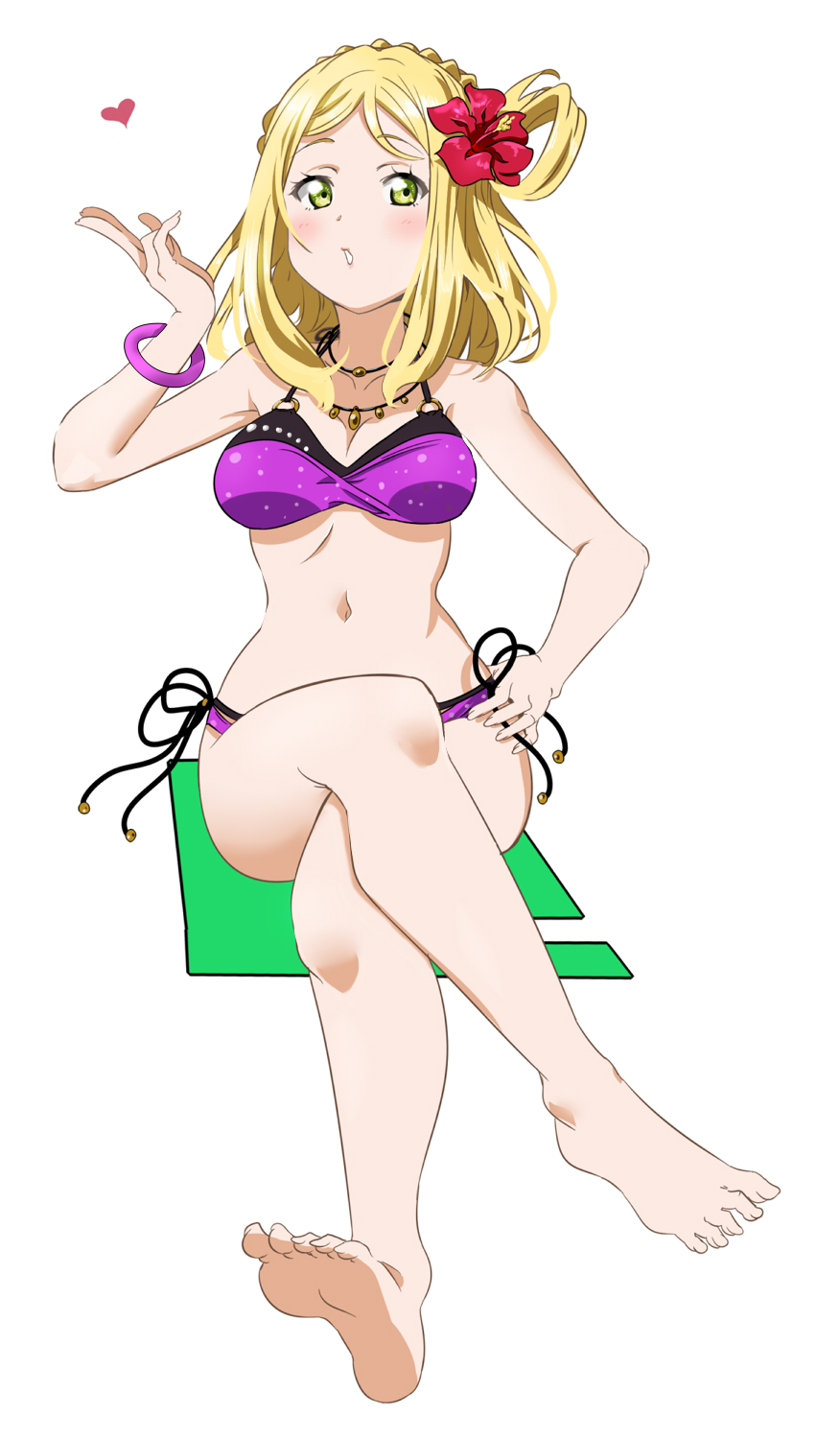 1girl artist_name artist_request bare_legs bare_shoulders barefoot bikini bikini_skirt birthday blonde_hair blowing_kiss blush bracelet braid breasts cleavage collarbone crossed_legs crown_braid drop_necklace feet female_focus floral_print flower full_body green_eyes hair_flower hair_ornament hair_rings hand_on_own_hip happy_birthday heart highres jewelry kiss layered_bikini legs looking_at_viewer love_live! love_live!_school_idol_festival love_live!_sunshine!! medium_breasts medium_hair nail_(hardware) nail_polish navel necklace o-ring o-ring_bikini o-ring_top ohara_mari parted_lips pearl_bracelet plaid_bikini plaid_clothes purple_bikini purple_scrunchie red_flower scrunchie short_hair side-tie_bikini_bottom smile soles solo stomach_tattoo swimsuit tattoo thighs toes white_background wrist_band wrist_scrunchie wristband yellow_eyes