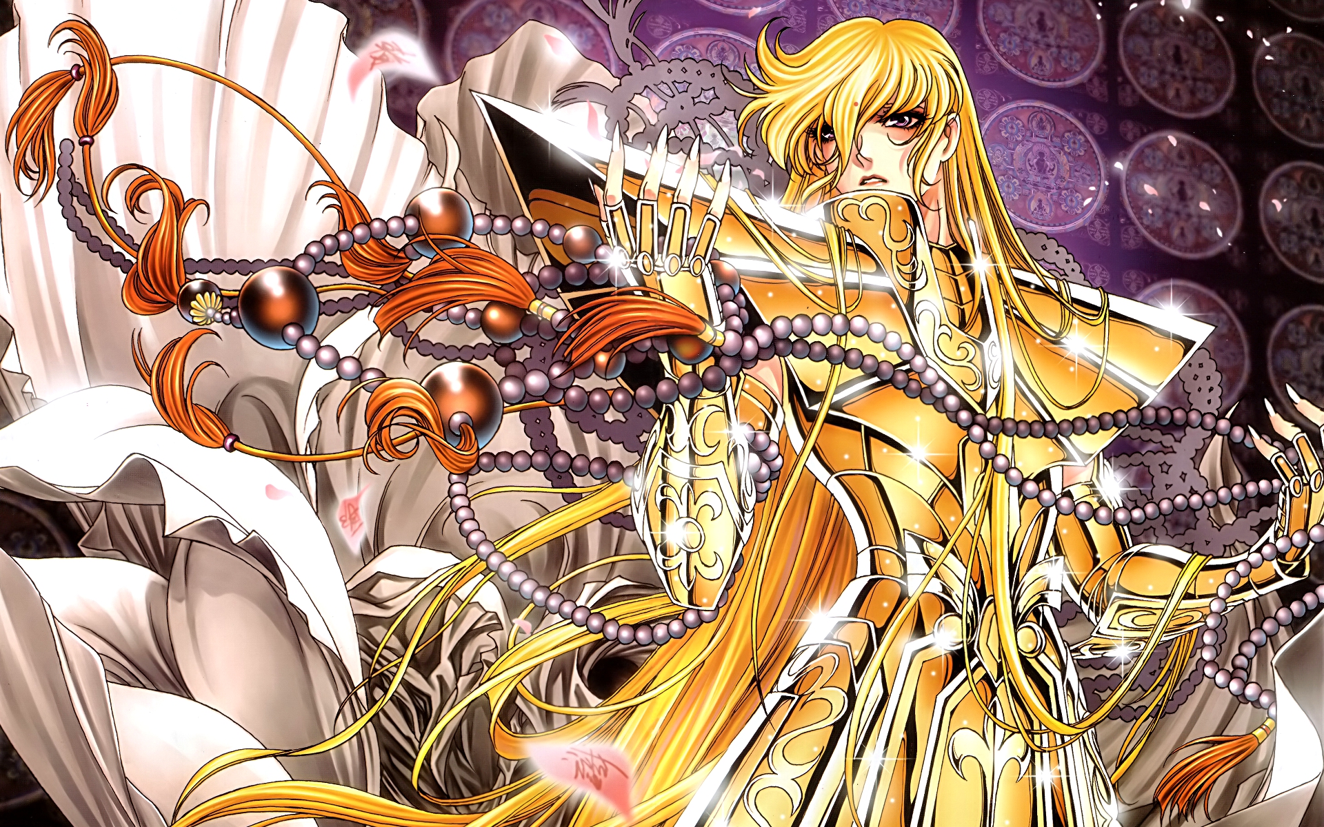 1boy armor blonde_hair brown_eyes gauntlets gold_armor gold_cloth hair_between_eyes highres long_hair male_focus pauldrons saint_seiya shoulder_armor solo virgo_shaka