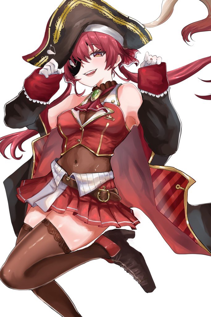 1girl :d bare_shoulders bicorne black_hat black_jacket breasts brown_leotard brown_shoes brown_thighhighs commentary_request covered_navel eyepatch floating_hair gloves hair_between_eyes handa_vega hat high_heels hololive houshou_marine houshou_marine_(1st_costume) jacket leotard leotard_under_clothes long_hair long_sleeves looking_at_viewer medium_breasts off_shoulder open_clothes open_jacket open_mouth pleated_skirt red_eyes red_hair red_jacket red_skirt shoes simple_background skirt sleeveless sleeveless_jacket sleeves_past_wrists smile solo thighhighs twintails very_long_hair virtual_youtuber white_background white_gloves