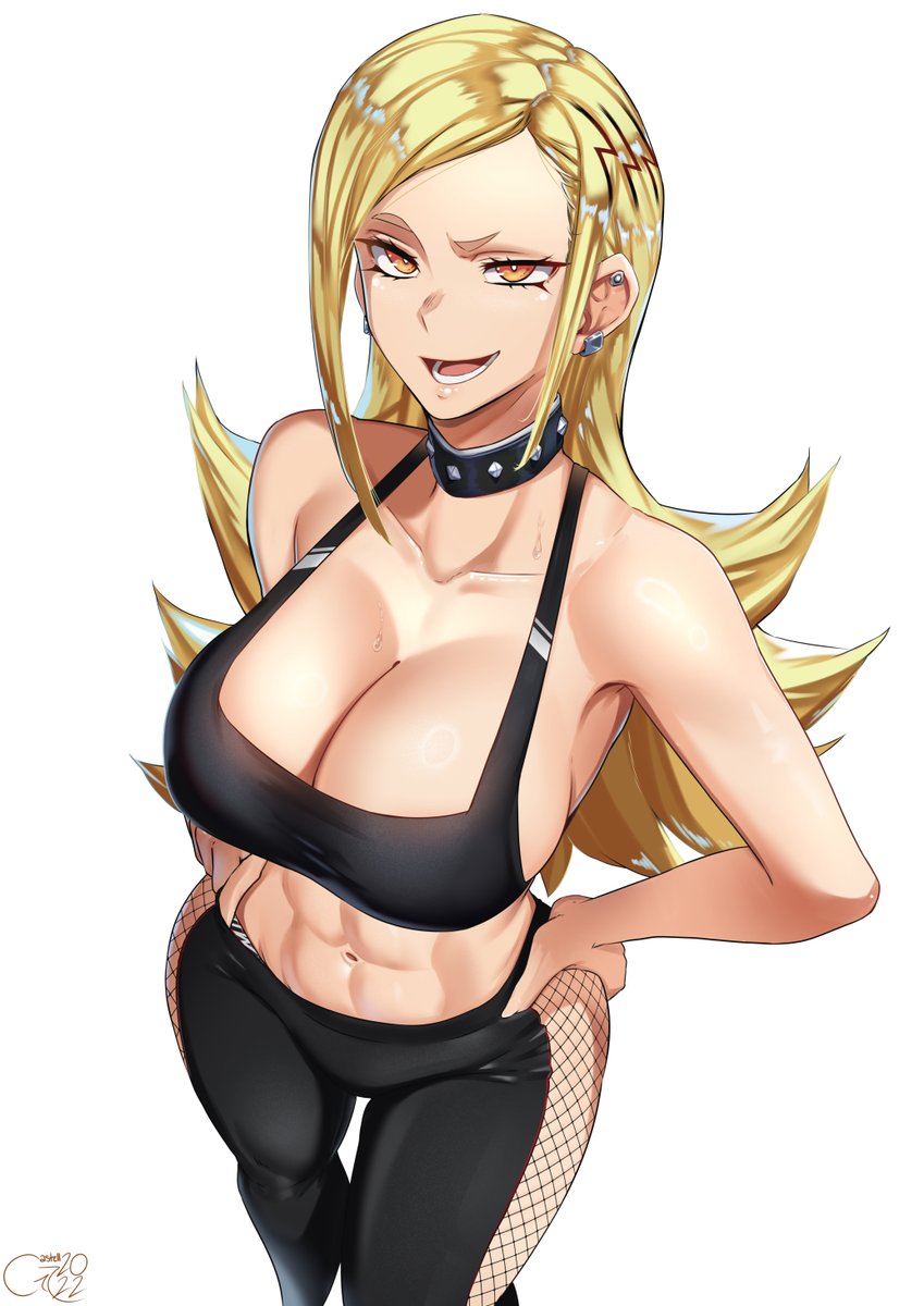 1girl 2022 abs bare_arms bare_shoulders black_pants black_tank_top blonde_hair breasts castell cleavage collar collarbone ear_piercing fishnets highres kamiunten_mira large_breasts long_hair looking_at_viewer mato_seihei_no_slave midriff navel open_mouth panties pants panty_peek parted_bangs piercing raised_eyebrow sideboob signature smile solo spiked_collar spikes sweat tank_top tight_clothes tight_pants toned underwear white_background yellow_eyes