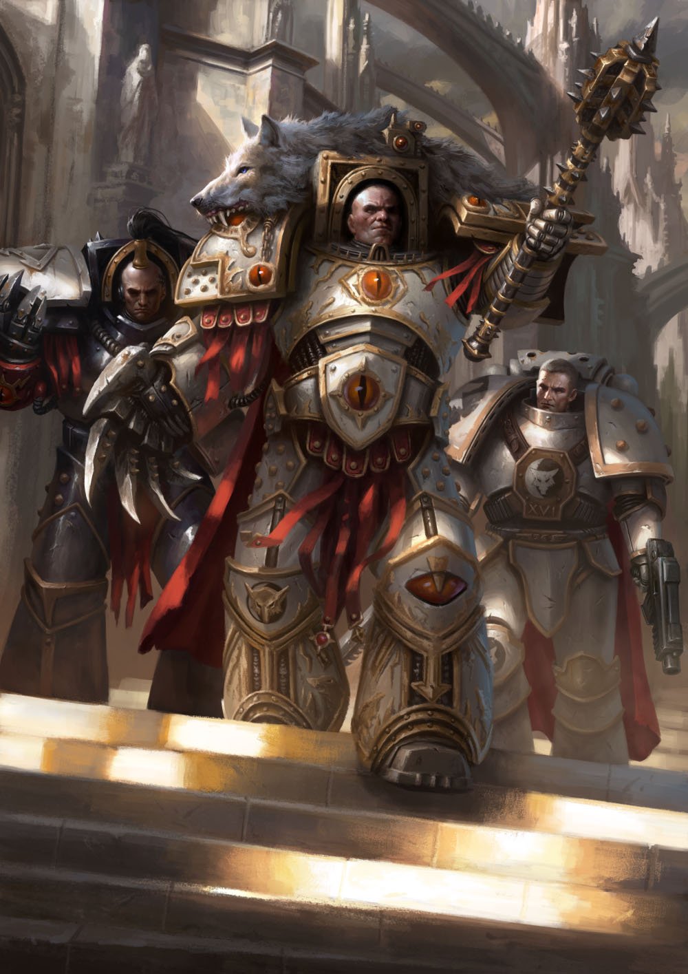 3boys adeptus_astartes arch architecture armor armored_boots bald black_armor bolter boots cloak club_(weapon) daarkenart eyes_of_horus_(warhammer_40k) ezekyle_abaddon garviel_loken gothic_architecture highres holding holding_club holding_weapon horus_lupercal lightning_claw luna_wolves male_focus moon_(ornament) multiple_boys on_stairs ornate_armor pauldrons pelt power_armor primarch red_cloak red_ribbon ribbon roman_numeral shoulder_armor statue terminator_armor warhammer_40k weapon white_armor wolf_ornament