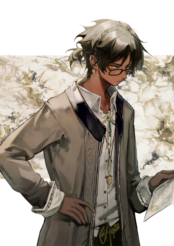 1boy arknights bespectacled black_hair border bright_pupils brown_coat coat commentary dark-skinned_male dark_skin glasses hair_up holding holding_map huanxiang_heitu jewelry long_sleeves looking_at_viewer male_focus map necklace orange_eyes patterned_background ponytail shirt short_hair short_ponytail simple_background solo symbol-only_commentary thorns_(arknights) upper_body white_pupils white_shirt