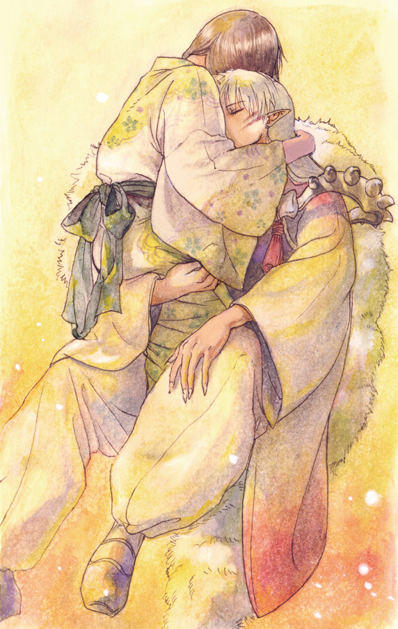 1boy 1girl aged_up armor brown_hair carrying closed_eyes couple demon_boy facial_mark fingernails floral_print hetero hug inuyasha japanese_clothes kimono long_fingernails long_hair niko_(silent.whitesnow) painting_(medium) pointy_ears rin_(inuyasha) sesshoumaru sharp_fingernails sitting traditional_media watercolor_(medium) white_hair wide_sleeves