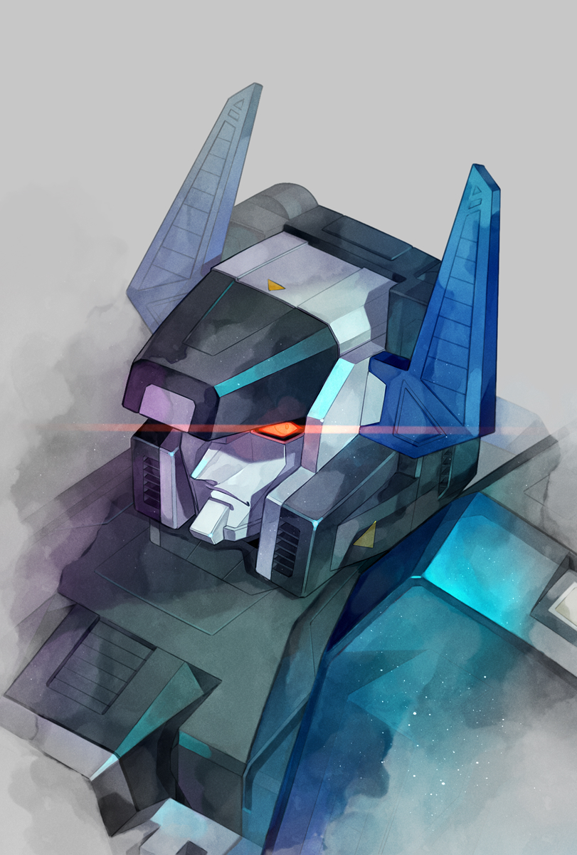 autobot fortress_maximus glowing glowing_eye grey_background highres mecha no_humans portrait rai_mugi red_eyes robot science_fiction solo transformers transformers:_the_headmasters