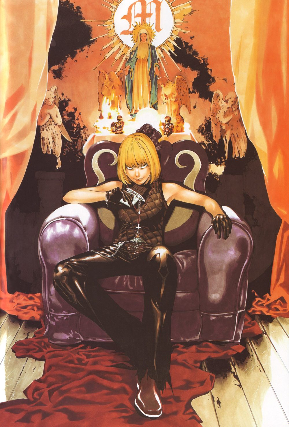 black_vest blonde_hair bob_cut candy chocolate chocolate_bar cross cross_necklace death_note food gloves goth_fashion halo highres jewelry mello_(death_note) necklace obata_takeshi official_art on_chair pants tsurime vest virgin_mary