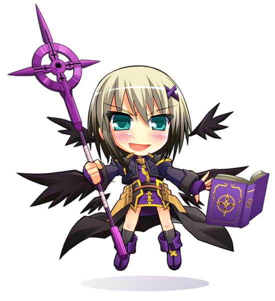 1girl blush book chibi green_eyes hair_ornament lyrical_nanoha mahou_shoujo_lyrical_nanoha mahou_shoujo_lyrical_nanoha_a&#039;s mahou_shoujo_lyrical_nanoha_a&#039;s_portable:_the_battle_of_aces lord_dearche multicolored_hair open_mouth staff tome_of_the_purple_sky tsukishima_makoto wings yersiniakreuz