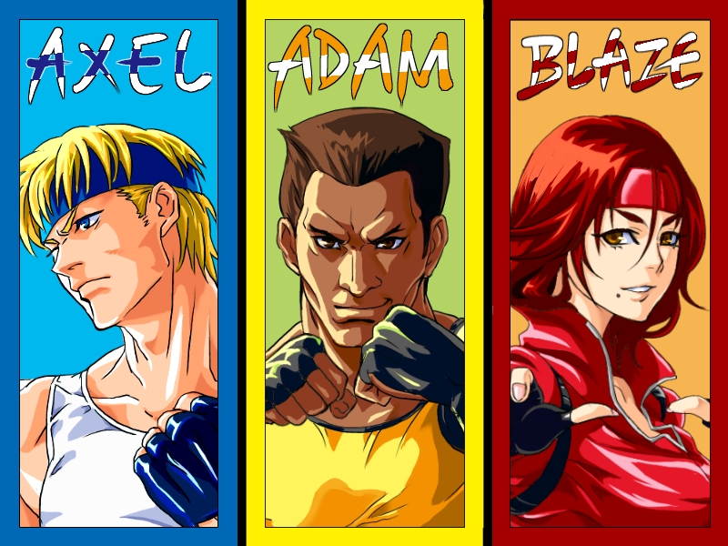 1girl 2boys adam_hunter axel_stone bad_deviantart_id bad_id streets_of_rage blaze_fielding blonde_hair blue_eyes brown_eyes brown_hair column_lineup dark_skin fighting_stance fingerless_gloves gloves headband jacket kamiomutsu long_hair mole multiple_boys muscular popped_collar red_jacket sega short_hair tank_top