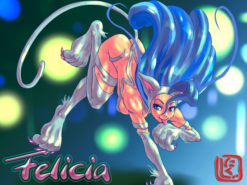1girl ahoge all_fours animal_ears animal_hands ass big_hair blue_eyes blue_hair breasts capcom cat_ears cat_tail character_name claws darkstalkers felicia_(darkstalkers) female_focus fur huge_ahoge licking licking_hand long_hair matching_hair/eyes nikuji-kun nude running solo tail