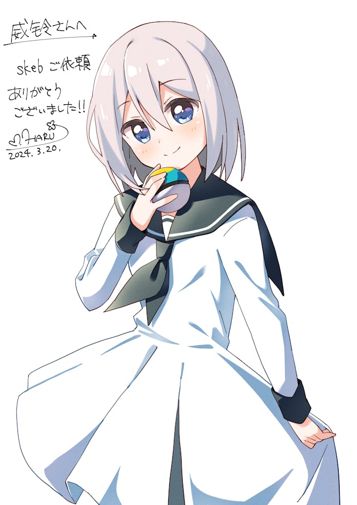 1girl blue_eyes blush closed_mouth commentary_request commission cowboy_shot dated dot_nose dress green_neckerchief green_sailor_collar grey_hair hair_between_eyes haru_(konomi_150) holding holding_poke_ball long_sleeves looking_at_viewer moon_ball neckerchief nintendo original poke_ball pokemon sailor_collar sailor_dress short_hair signature simple_background skeb_commission smile solo white_background white_dress