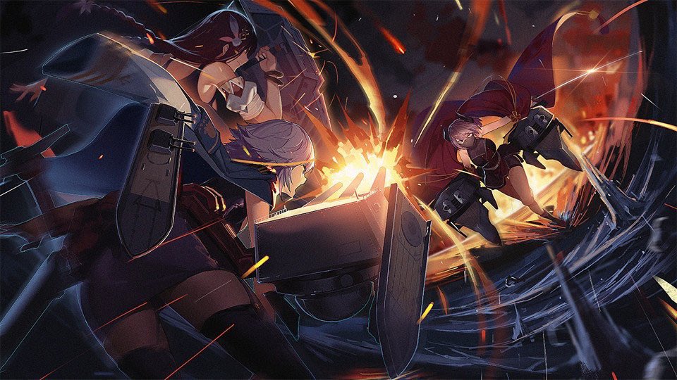3girls ass azur_lane black_hair black_legwear black_skirt braid cape firing historical_event horns hyanoyouk jacket jacket_on_shoulders kirishima_(azur_lane) lens_flare military_jacket mouth_mask multiple_girls native_american night ninja ninja_mask pantyhose purple_hair short_hair silver_hair skirt south_dakota_(azur_lane) standing standing_on_liquid washington_(azur_lane)