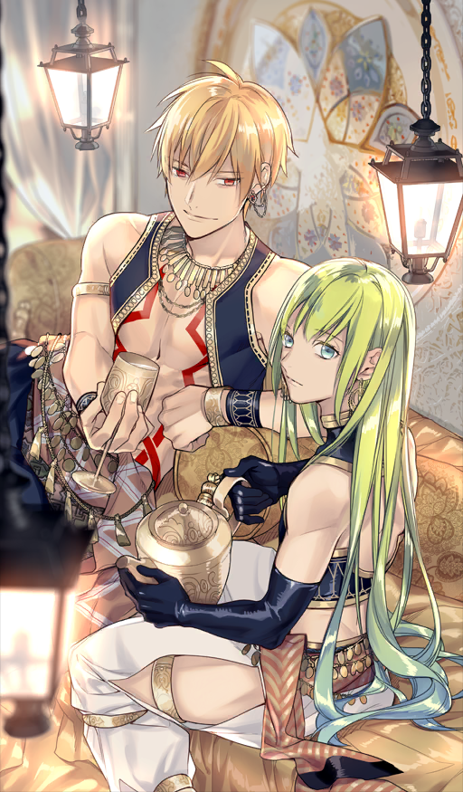 1boy 1other abs androgynous arabian_clothes backless_outfit bare_shoulders belt black_gloves black_shirt black_vest blonde_hair blue_eyes blurry blurry_foreground bracelet chain chalice chest_tattoo commentary cup dimples_of_venus ear_chain earrings elbow_gloves enkidu_(fate) enkidu_(talk_of_the_hot_sands)_(fate) expressionless fate/grand_order fate_(series) gilgamesh_(fate) gilgamesh_(talk_of_the_hot_sands)_(fate) gloves gold_armlet gold_necklace gold_trim green_hair hanging_lantern holding holding_cup holding_kettle jewelry kettle lantern leaning linked_piercing long_hair looking_at_viewer looking_back necklace no_shirt official_art orange_belt pants pectoral_cleavage pectorals red_eyes red_tattoo scarf_belt shirt side_slit sidelocks sitting smile takarai_rihito tattoo third-party_source very_long_hair vest white_pants