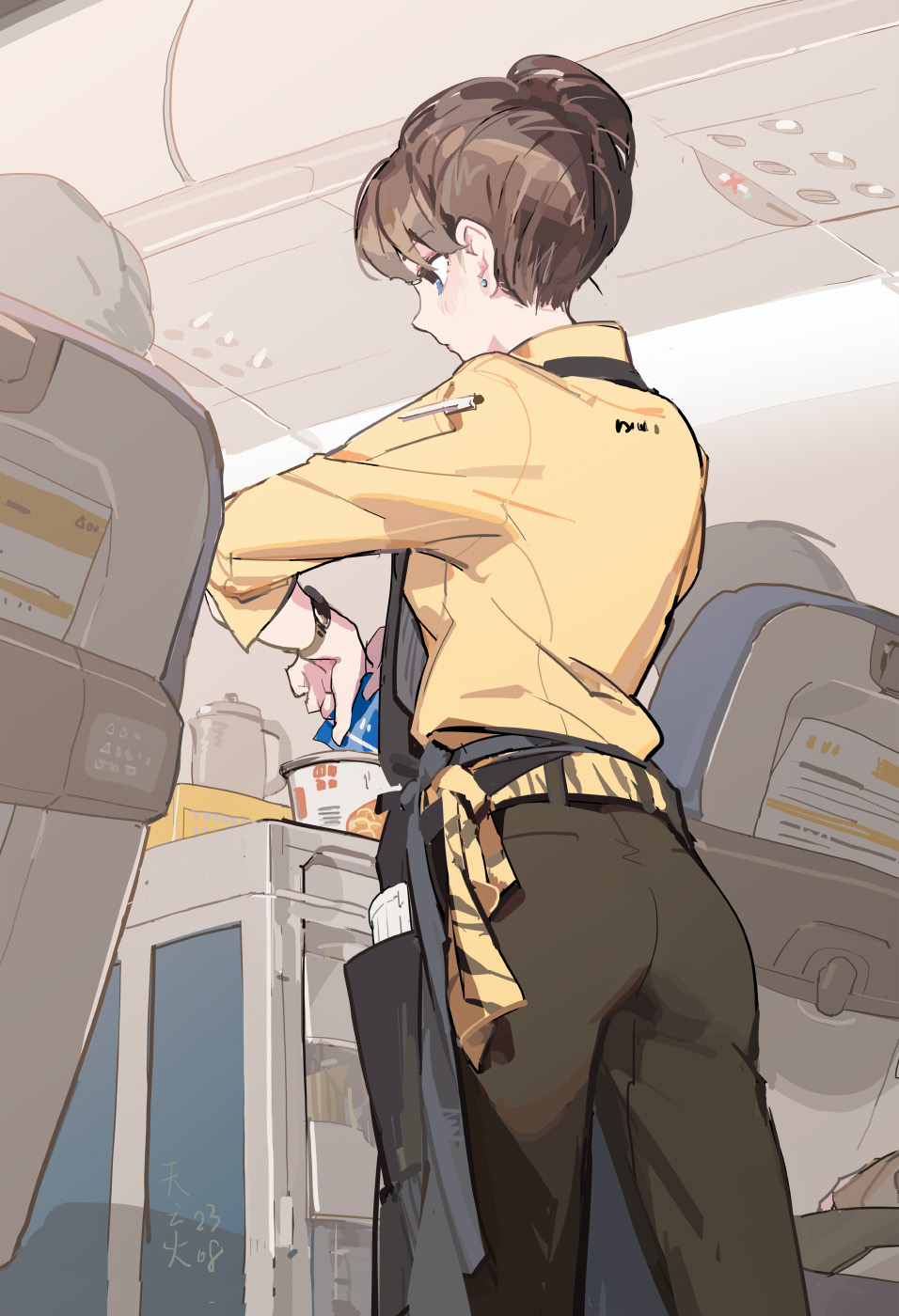 1girl airplane_interior apron black_apron blue_eyes brown_hair brown_pants commentary_request cowboy_shot cup_ramen earrings electric_kettle employee_uniform flight_attendant from_behind from_below highres holding instant_ramen jewelry kettle long_sleeves looking_down object_in_pocket original pants pen pen_in_pocket pocket pouring revision serving_cart shirt short_hair signature standing stud_earrings tennohi travel_attendant watch working wristwatch yellow_shirt