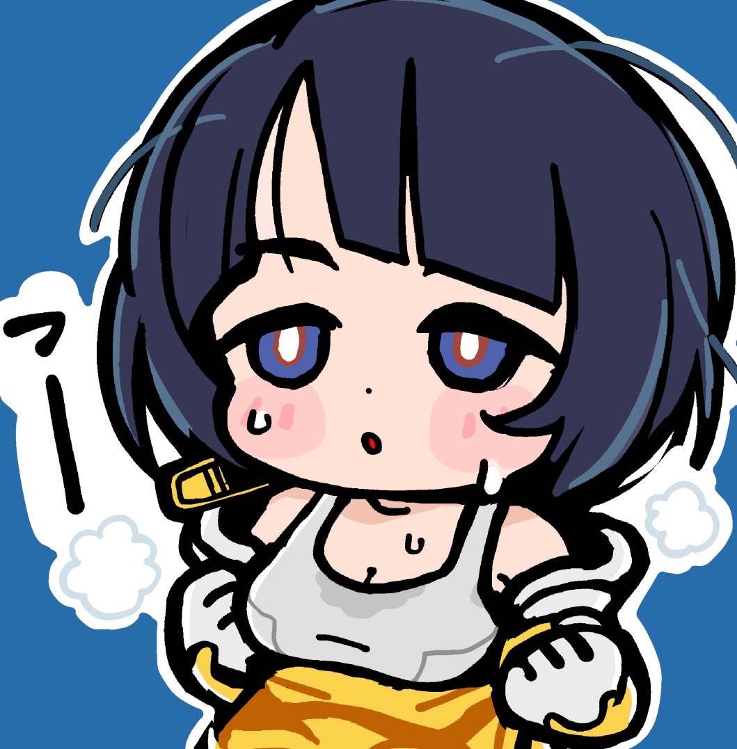 1girl bkub black_hair blue_background blue_eyes blush bob_cut breasts chibi chibi_only cleavage gundam gundam_gquuuuuux mecha_pilot_suit messy_hair open_mouth shiiko_sugai short_hair simple_background solo sweat tank_top