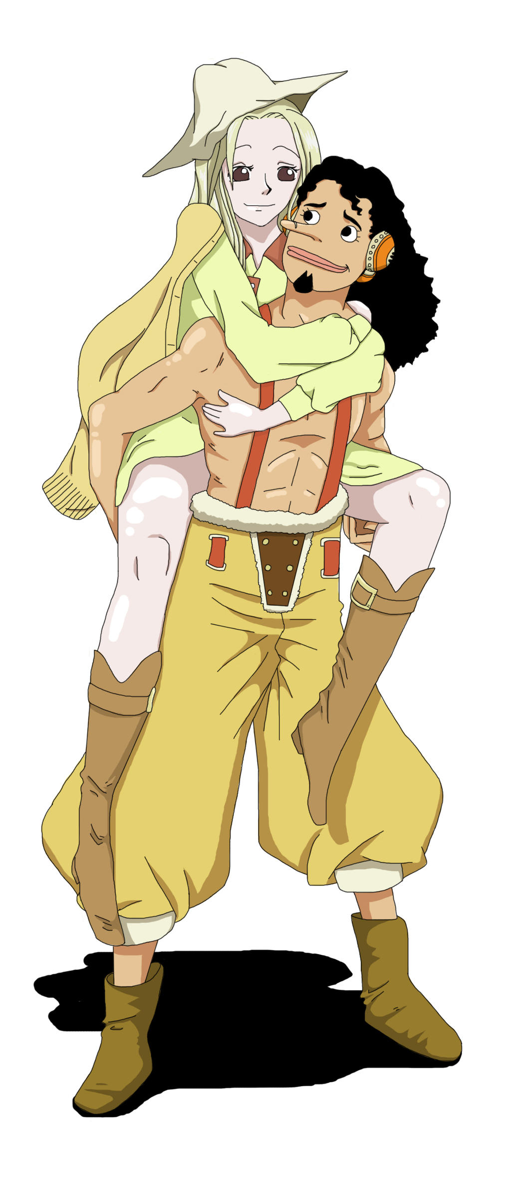 1boy 1girl beard black_hair blonde_hair carrying coat facial_hair hat highres holding kaya_(one_piece) leg_lock legs long_hair long_nose looking_at_another one_piece piggyback shiny_skin smile usopp