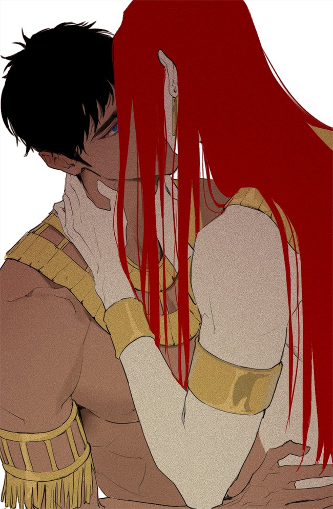2boys armlet black_hair blue_eyes bracelet dark-skinned_male dark_skin earrings ennead film_grain hand_on_another&#039;s_waist hands_on_another&#039;s_neck horus_(ennead) implied_kiss jewelry long_hair looking_at_another male_focus multiple_boys necklace piercing red_hair seth_(ennead) short_hair sideburns simple_background tddosa topless_male upper_body very_long_hair white_background yaoi