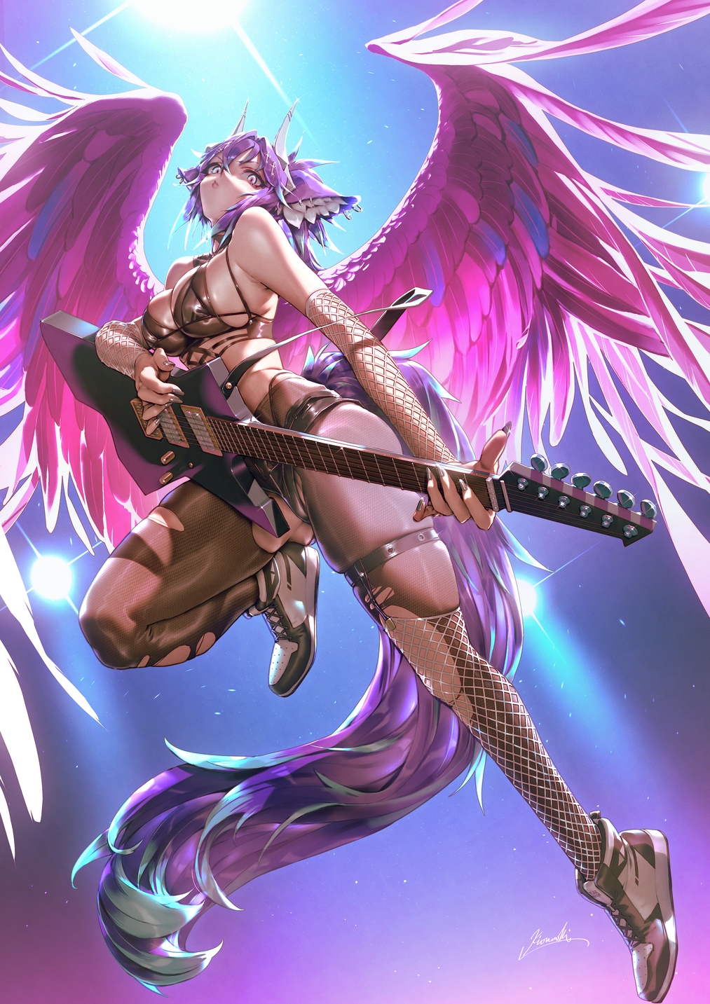 1girl animal_ear_fluff animal_ears breasts commentary_request commission detached_sleeves fantasy feathered_wings fishnet_sleeves fishnet_thighhighs fishnets full_body guitar highres holding holding_guitar holding_instrument instrument kionaoki knee_up large_breasts music original pantyhose pink_wings playing_guitar playing_instrument shoes single_thighhigh sneakers solo tail thighhighs thighhighs_over_pantyhose torn_clothes torn_pantyhose wings