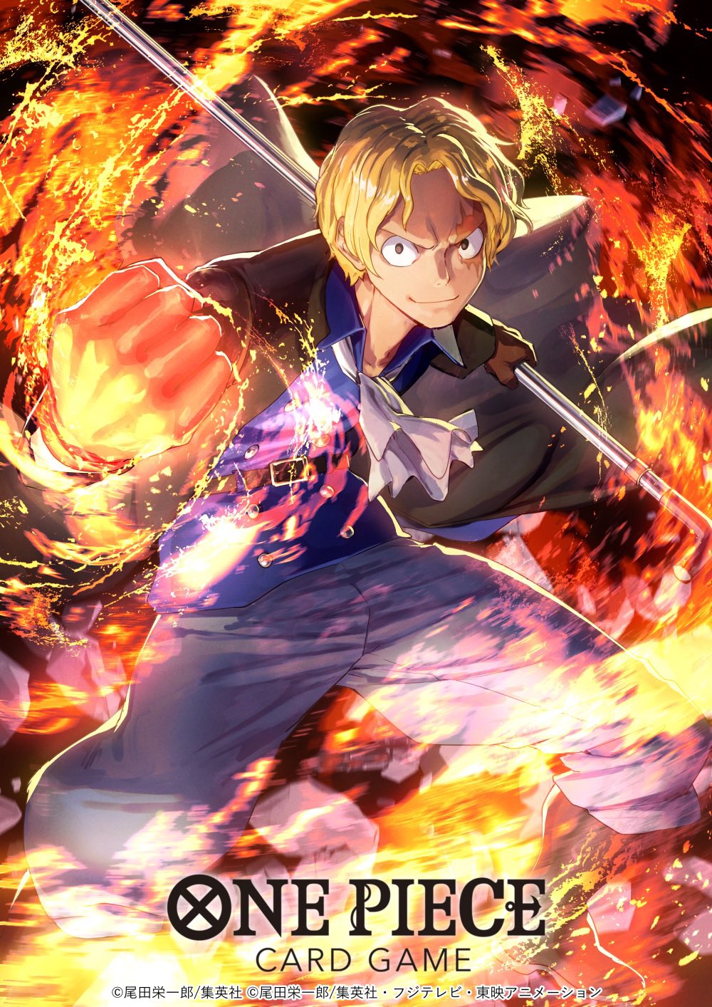 1boy ascot belt blonde_hair blue_shirt closed_mouth coat commentary_request copyright_name dai-xt devil_fruit_power fire gloves highres holding looking_at_viewer male_focus official_art one_piece one_piece_card_game pyrokinesis sabo_(one_piece) scar scar_on_face shirt short_hair smile solo white_ascot