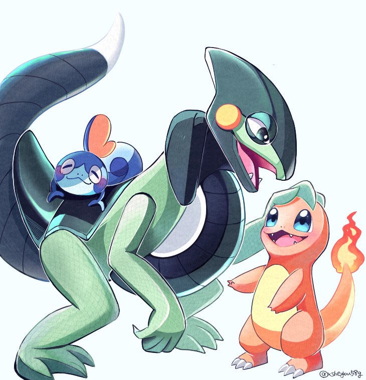 blue_eyes charmander closed_eyes closed_mouth cyclizar fangs gen_1_pokemon gen_8_pokemon half-closed_eyes headpat looking_at_another mochopaccho nintendo no_humans open_mouth pokemon pokemon_(creature) pokemon_on_back smile sobble standing twitter_username white_background