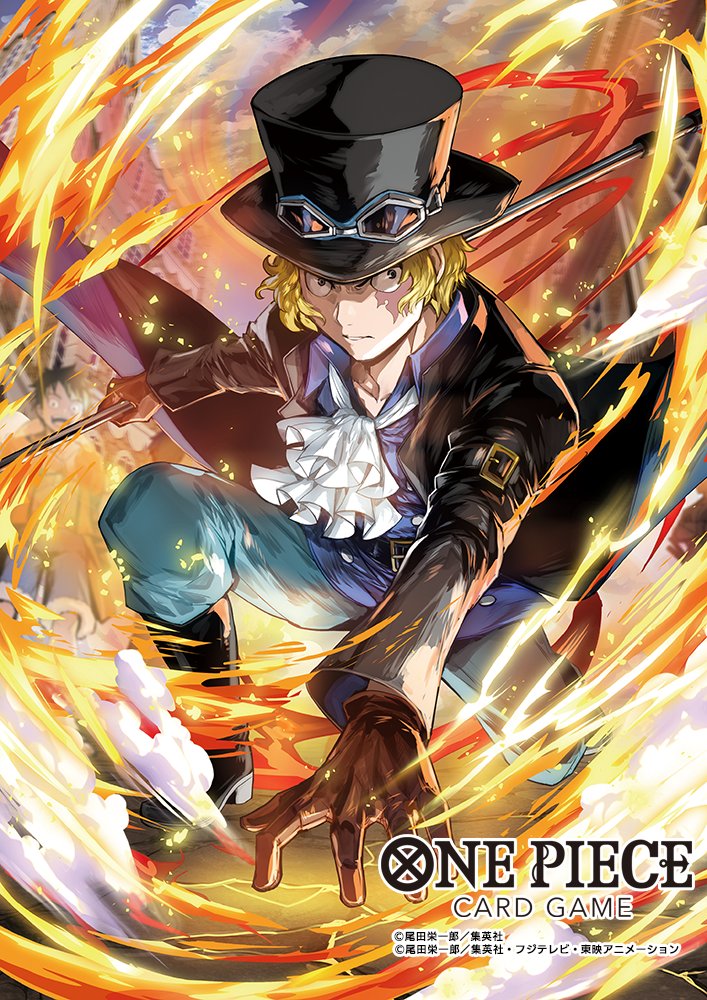 1boy ascot blonde_hair blue_shirt closed_mouth commentary_request copyright_name gloves goggles goggles_on_headwear hat looking_at_viewer male_focus moreshan official_art one_piece one_piece_card_game sabo_(one_piece) scar scar_on_face shirt short_hair smoke solo top_hat white_ascot