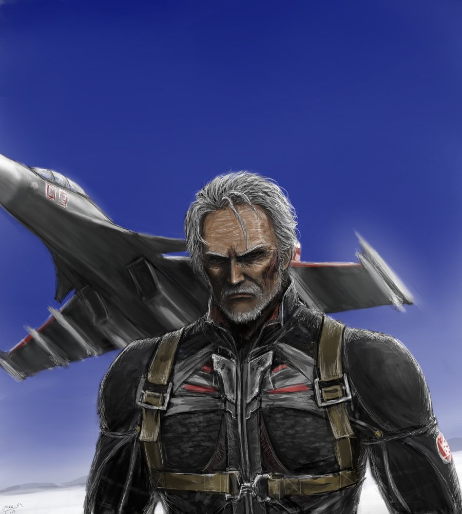 1boy ace_combat ace_combat_7:_skies_unknown air_supreriority_fighter aircraft airplane beard blue_sky commentary_request emblem facial_hair fighter_aircraft fighter_jet flight_suit g-suit interdictor looking_at_viewer mihaly_a_shilage military military_vehicle missile multirole_combat_aircraft mustache ogamiya_jin old old_man patch pilot pilot_suit scar scar_on_face silver_hair sky strap su-30