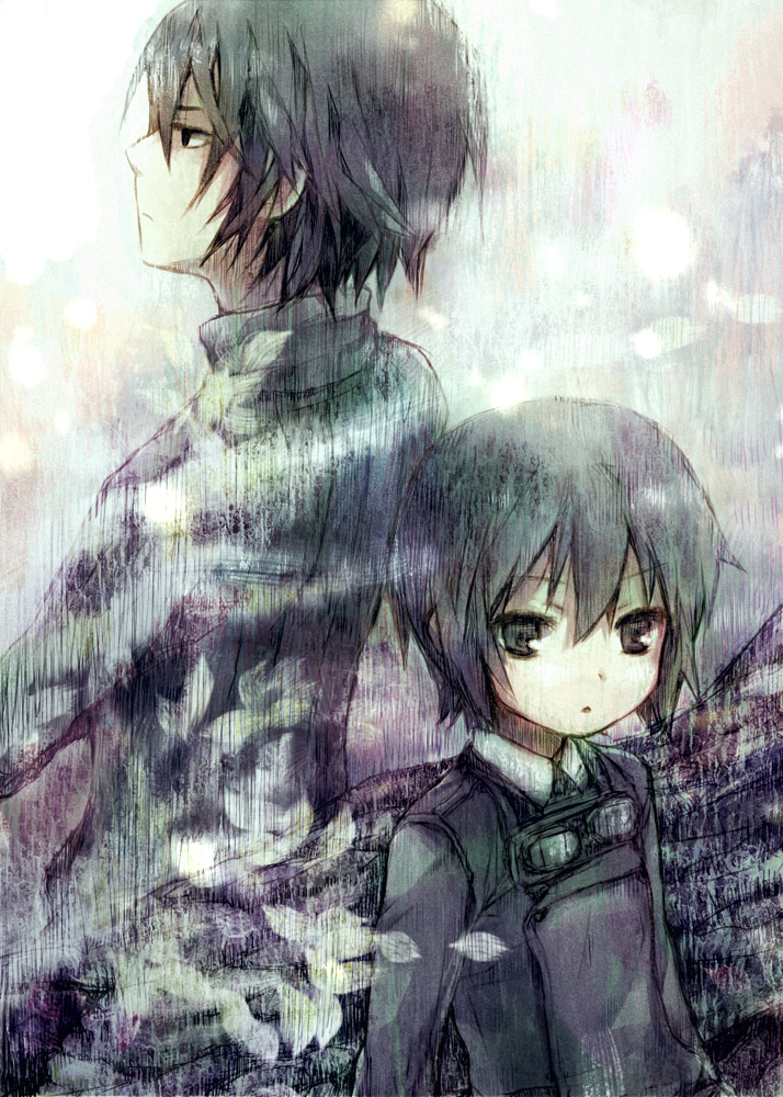00s 1boy 1girl ameiro bad_id bad_pixiv_id black_eyes black_hair expressionless film_grain goggles kino_(kino_no_tabi) kino_no_tabi leaf shizu_(kino_no_tabi) short_hair