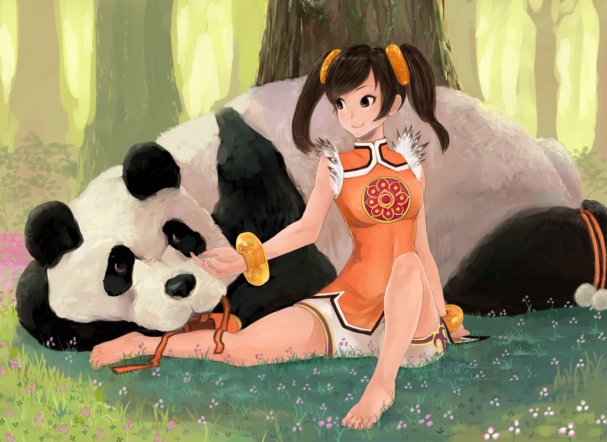 1girl barefoot black_eyes black_hair bracelet chinese_clothes feet female_focus forest grass jewelry ling_xiaoyu long_hair namco nature orange_shirt panda panda_(tekken) shirt shoes shorts sitting smile solo tekken tomamatto tree twintails unworn_shoes