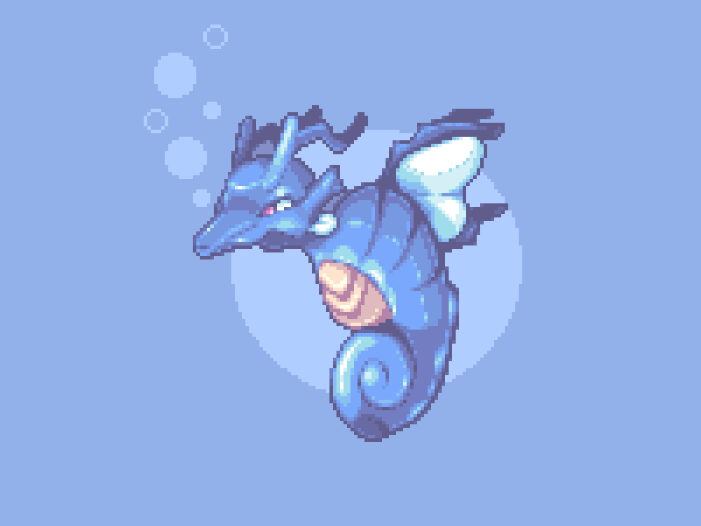 blue_background bubble commentary english_commentary fish full_body gen_2_pokemon kingdra nintendo no_humans pixel_art pokemon pokemon_(creature) red_eyes robin_(pixelated_robin) seahorse solo