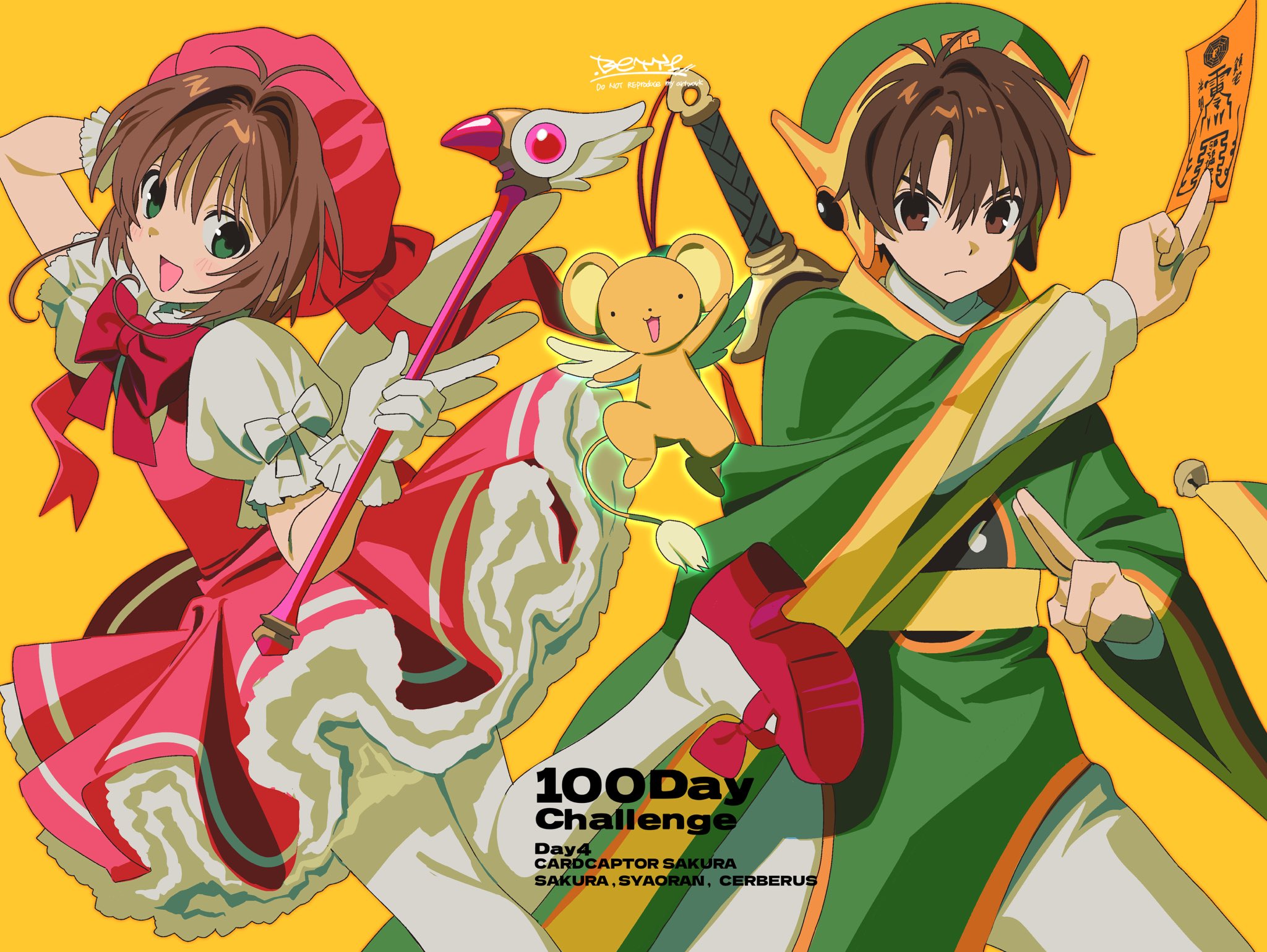 1boy 1girl betti_(xx_betti) brown_eyes brown_hair cardcaptor_sakura character_name child chinese_clothes closed_mouth copyright_name cowboy_shot creature dress english_text gloves green_eyes hat highres holding holding_wand kero_(cardcaptor_sakura) kinomoto_sakura li_syaoran looking_at_viewer open_mouth pants pantyhose pink_dress pink_hat ribbon short_hair simple_background smile sword wand weapon white_gloves white_pants white_pantyhose white_ribbon white_wings wings yellow_background