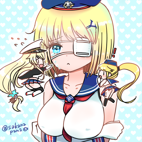 ! 3girls bad_id bad_pixiv_id beret black_legwear blonde_hair blue_eyes chibi chibi_inset commentary_request crying crying_with_eyes_open enterprise_(warship_girls_r) eyepatch garrison_cap hair_ornament hairclip hat hornet_(warship_girls_r) long_hair low-tied_long_hair lowres medical_eyepatch multiple_girls open_mouth peaked_cap ponytail short_hair tears thighhighs twitter_username warship_girls_r yorktown_(warship_girls_r)