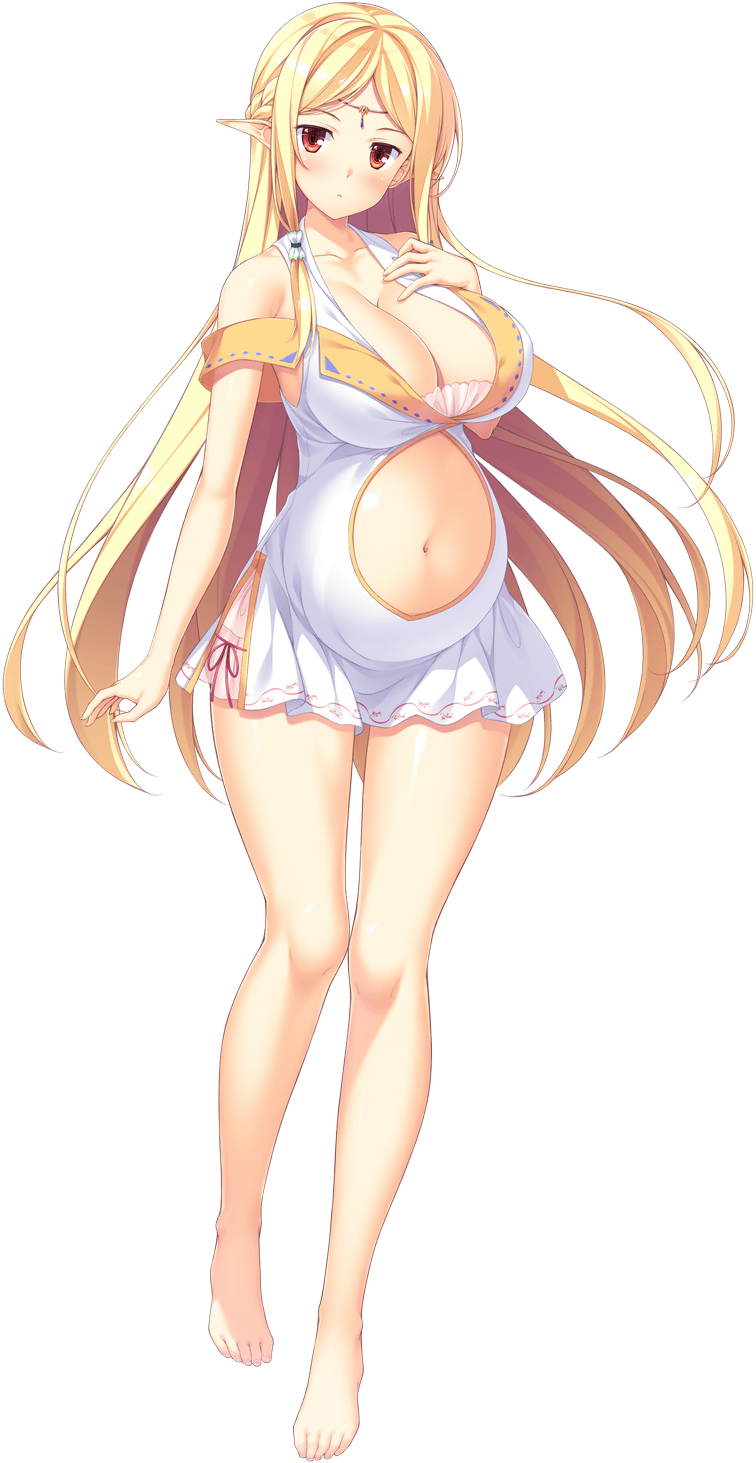 1girl arm_at_side barefoot blonde_hair blush braid breasts cleavage closed_mouth clothing_cutout dot_mouth ehlitte elf game_cg half_up_braid highres hinata_nao large_breasts long_hair long_pointy_ears long_sidelocks looking_at_viewer low-tied_sidelocks maternity_dress navel non-web_source official_art pointy_ears pregnant red_eyes sex_open_world_e_youkoso! sidelocks solo stomach_cutout