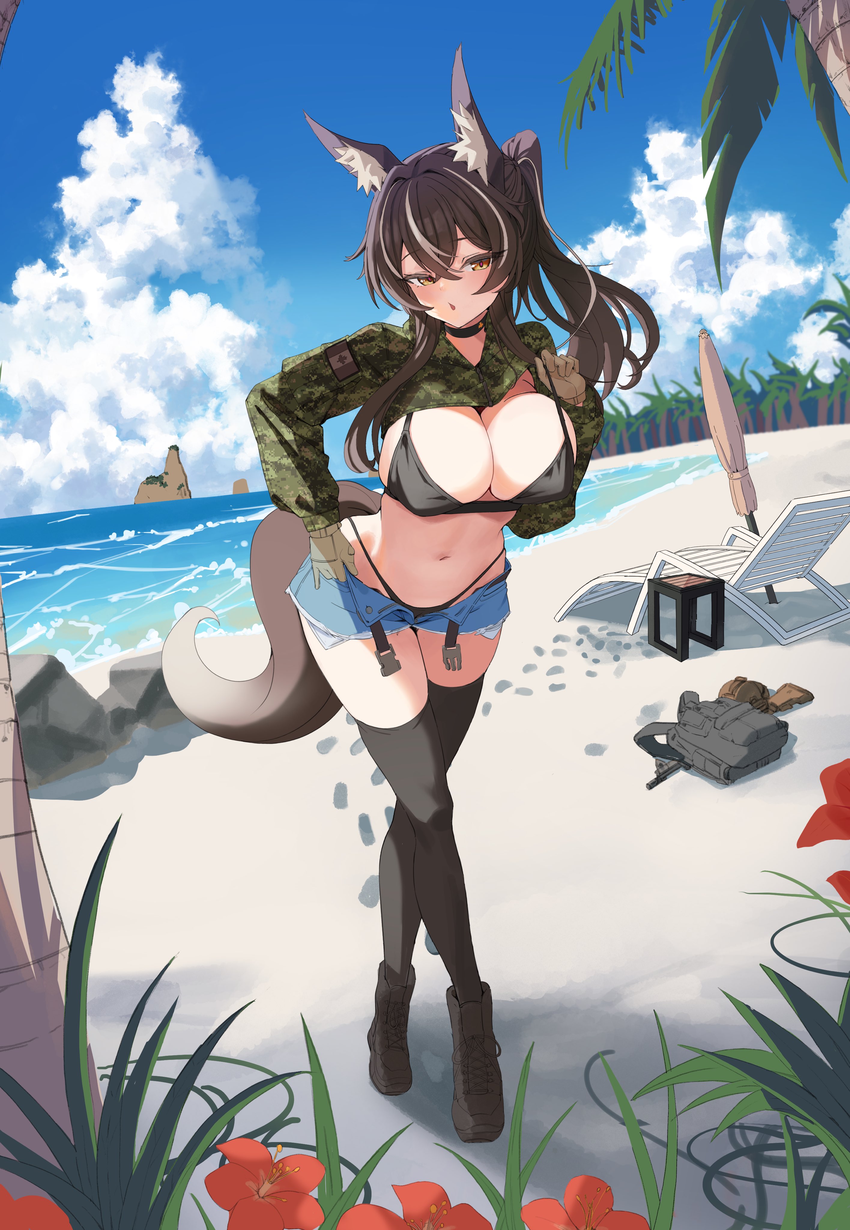 :o absurdres animal_ears backpack bag beach blue_sky breasts brown_eyes brown_hair cadpat callisto_(greyeth) canadian_flag choker cloud commission crop_top fox_ears fox_girl fox_tail gun highres large_breasts leaf maple_leaf multicolored_hair ocean original palm_tree short_shorts shorts sky streaked_hair tail td_(tandeom97) thighhighs torn_clothes torn_shorts tree weapon