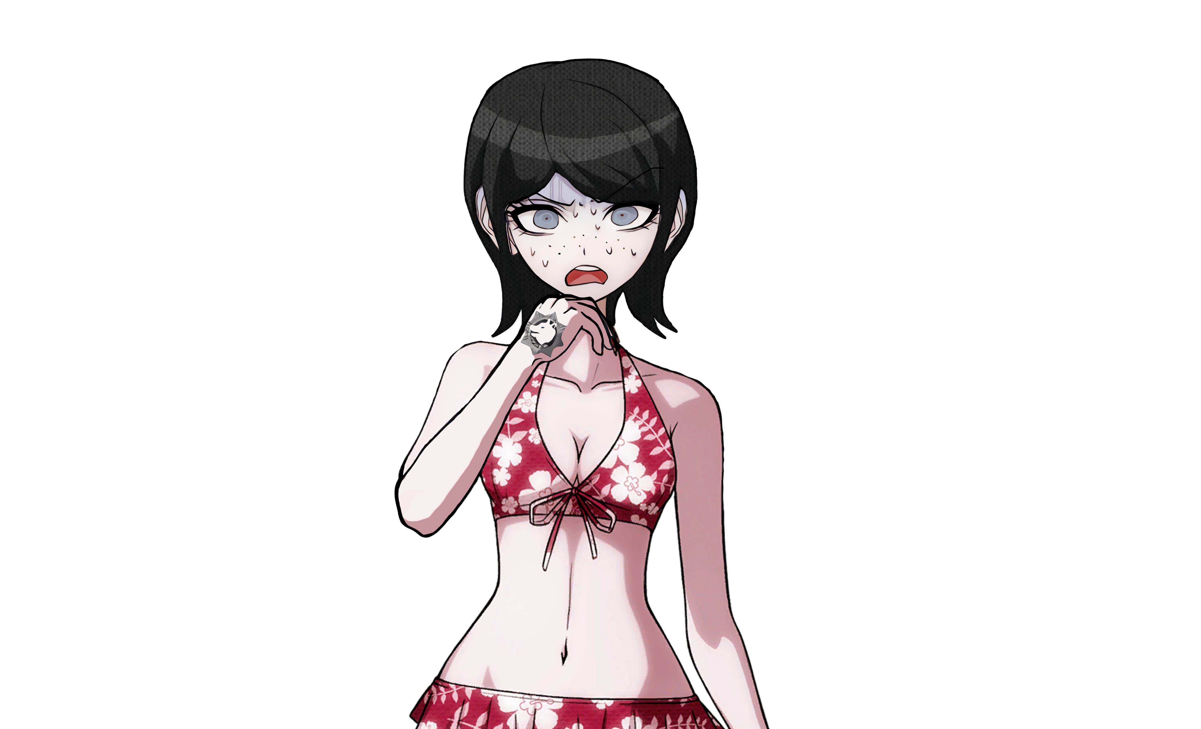 1girl absurdres bikini black_hair blue_eyes breasts cleavage collarbone danganronpa:_trigger_happy_havoc danganronpa_(series) danganronpa_s:_ultimate_summer_camp drakidor eyebrows eyelashes female_focus floral_print floral_print_bikini freckles hand_tattoo hand_up highres ikusaba_mukuro medium_breasts navel official_style open_mouth solo sweat sweatdrop swimsuit tattoo tattoo_on_hand teeth third-party_edit tongue transparent_background upper_body upper_teeth_only worried
