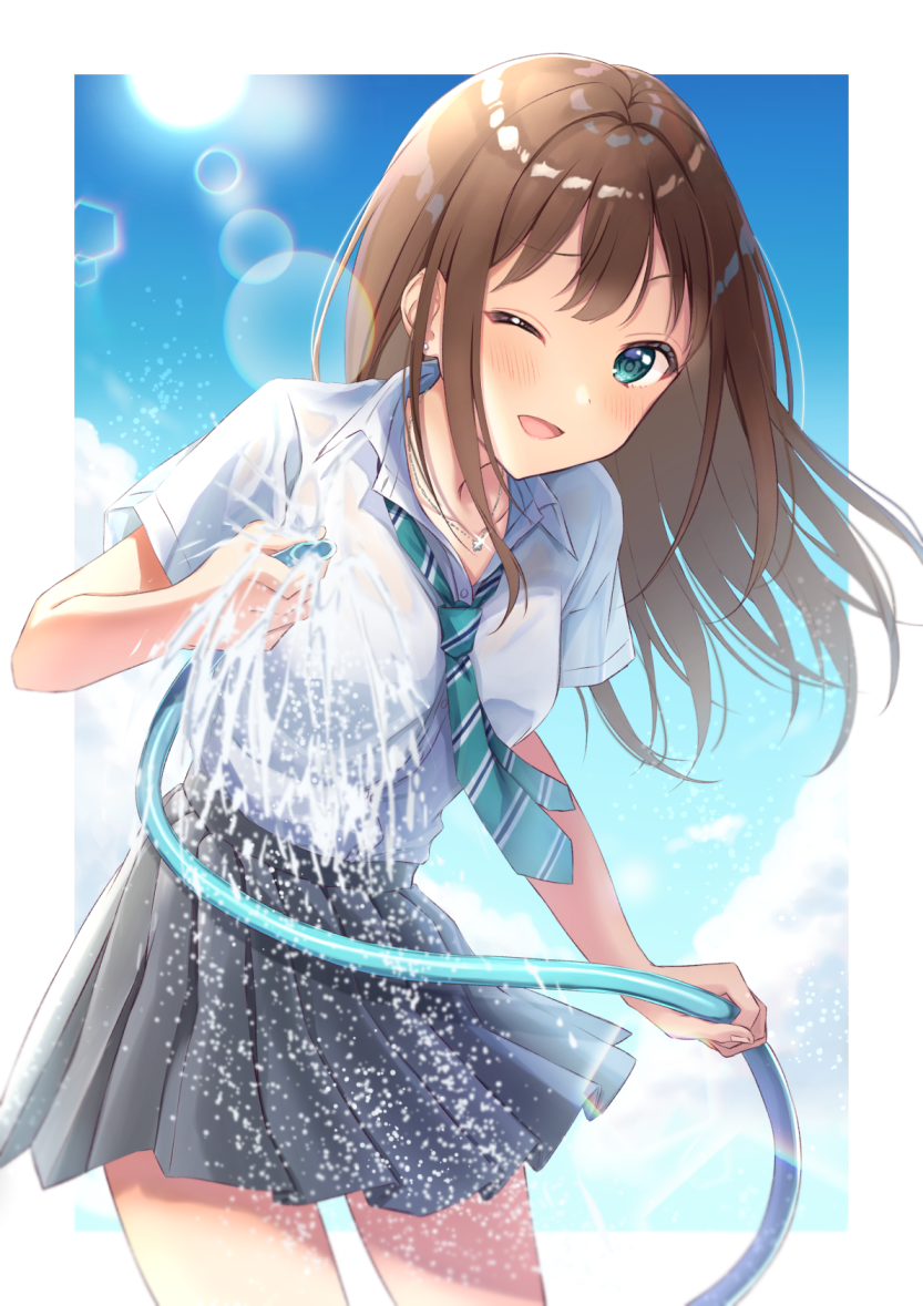 1girl anoa aqua_eyes black_skirt blue_sky blush brown_hair cloud commentary_request day female_focus green_necktie hose idolmaster idolmaster_cinderella_girls jewelry long_hair looking_at_viewer necklace necktie one_eye_closed open_mouth pleated_skirt shibuya_rin skirt sky solo striped_necktie striped_neckwear sun sun_light water