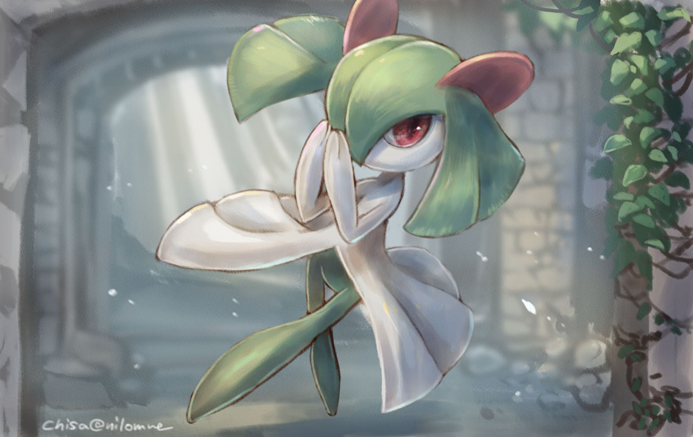 arch artist_name colored_skin gen_3_pokemon green_hair green_skin hair_over_one_eye horns kirlia light_rays looking_at_viewer momomo12 multicolored_skin nintendo own_hands_together pink_eyes plant pokemon pokemon_(creature) sidelocks two-tone_skin white_skin