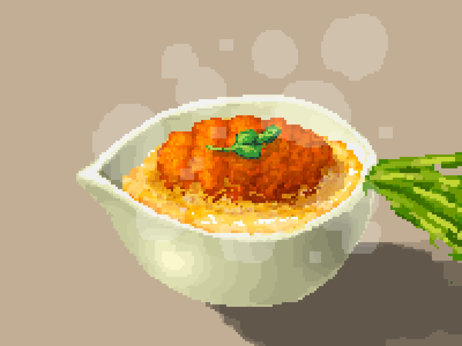 bento cup cutlet food grey_background highres hisachan55cute no_humans omelet omurice original pixel_art scenery shadow simple_background spring_onion steaming_body