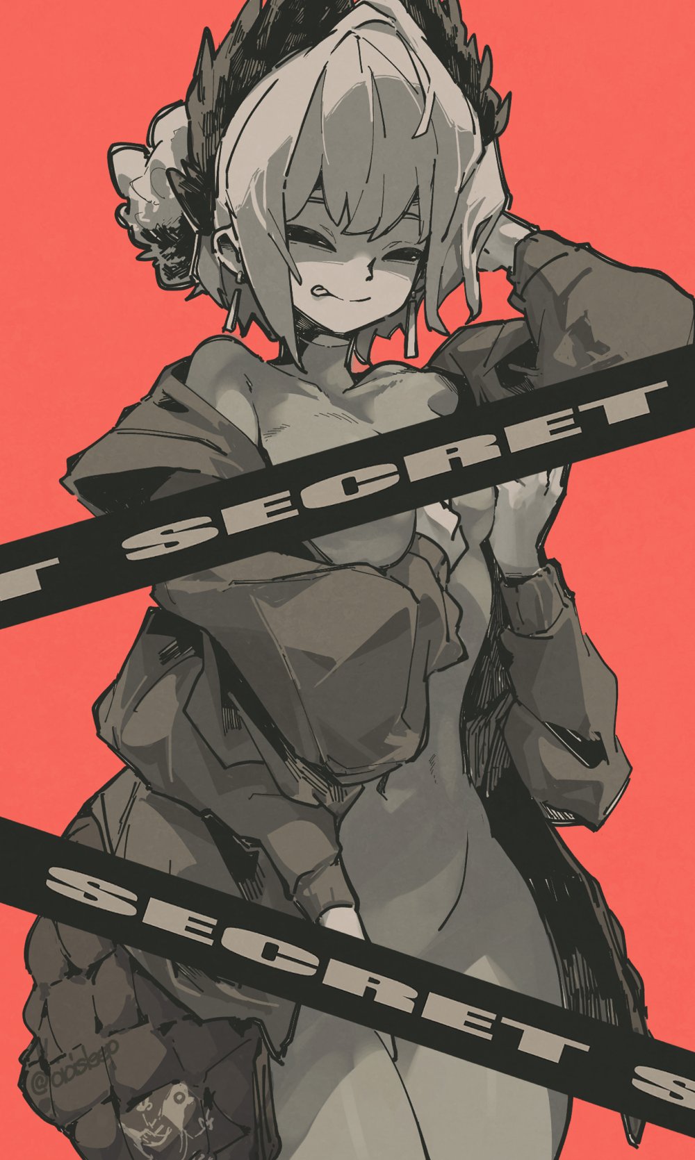 1girl arknights bar_censor bird_girl black_feathers black_jacket bodysuit breasts censored closed_eyes dark-skinned_female dark_skin english_text extra_arms feather_hair feathers gripping_clothes head_wings highres jacket large_breasts midriff monochrome navel oioidaddy open_clothes open_jacket raidian_(arknights) short_hair solo stomach tongue tongue_out wings