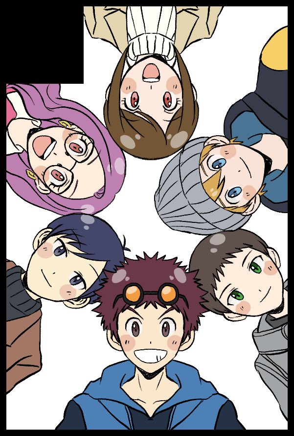 2girls 4boys digimon digimon_adventure_02 digimon_adventure_02:_the_beginning glasses hida_iori ichijouji_ken inoue_miyako long_hair motomiya_daisuke multiple_boys multiple_girls orange_eyes pink_hair takaishi_takeru yagami_hikari