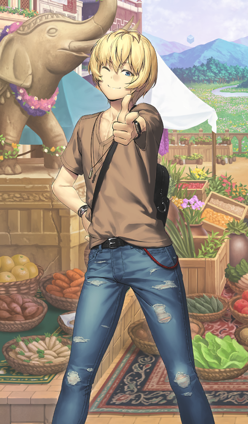1boy ;) bangle basket belt belt_buckle billy_the_kid_(dream_portrait)_(fate) billy_the_kid_(fate) black_bag black_belt blonde_hair blue_eyes blue_pants box bracelet brown_shirt buckle building closed_mouth collarbone commentary cube denim elephant fate/grand_order fate_(series) feet_out_of_frame finger_gun food hair_between_eyes hand_on_own_hip jeans jewelry looking_at_viewer male_focus market mountainous_horizon official_art one_eye_closed outdoors pants pectoral_cleavage pectorals pendant pointing pointing_at_viewer shima_udon shirt shirt_partially_tucked_in short_hair short_sleeves sky smile solo standing statue third-party_source torn_clothes torn_jeans torn_pants tree v-neck watch wristwatch yugakshetra_(fate/grand_order)