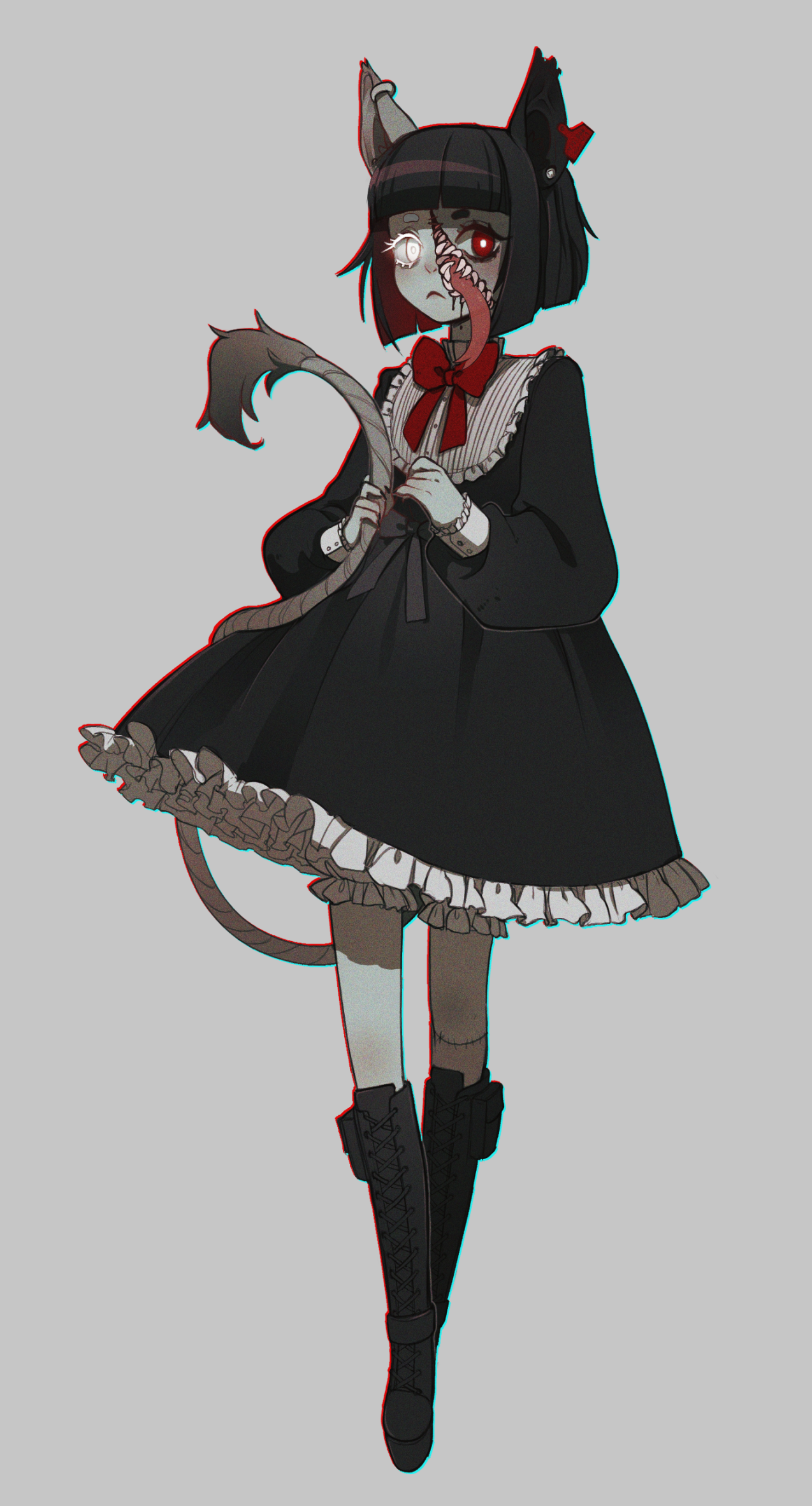 1girl animal_ears bad_link black_bow black_dress black_hair black_nails blood blood_on_face blunt_bangs body_horror boots bow bright_pupils colored_inner_hair colored_skin commission dress ear_tag earrings ecto_(vtuber) frilled_dress frills frown full_body grey_background grey_skin heterochromia highres holding_own_tail horror_(theme) indie_virtual_youtuber jewelry knee_boots lace-up_boots long_sleeves looking_at_viewer missusruin mouse_ears mouse_girl mouse_tail multicolored_hair nail_polish puffy_sleeves red_bow red_eyes sharp_teeth short_hair simple_background solo stitched_leg stitches tail teeth tongue undead virtual_youtuber white_eyes white_pupils