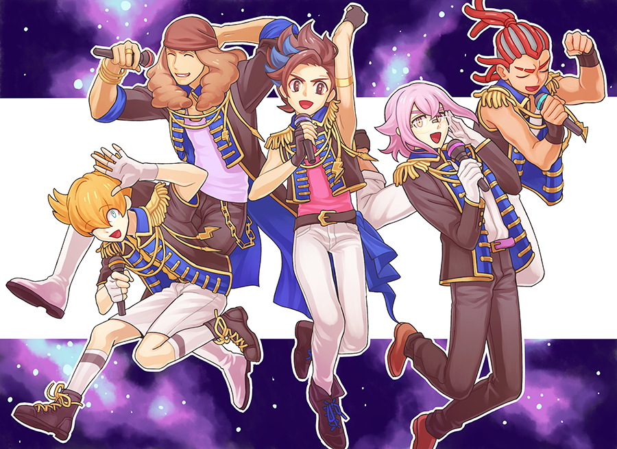 10s 5boys arm_up armlet bad_id bad_pixiv_id black_gloves blue_eyes blue_hair bracelet brown_eyes brown_hair chain closed_eyes dolustoy fingerless_gloves glasses gloves grin inazuma_eleven_(series) inazuma_eleven_go inazuma_eleven_go_galaxy jewelry kusaka_ryuuji lightning_bolt_symbol male_focus manabe_jin&#039;ichirou matatagi_hayato minaho_kazuto multicolored_hair multiple_boys open_mouth orange_hair purple_hair ring short_hair sleeveless smile tetsukado_shin two-tone_hair white_gloves