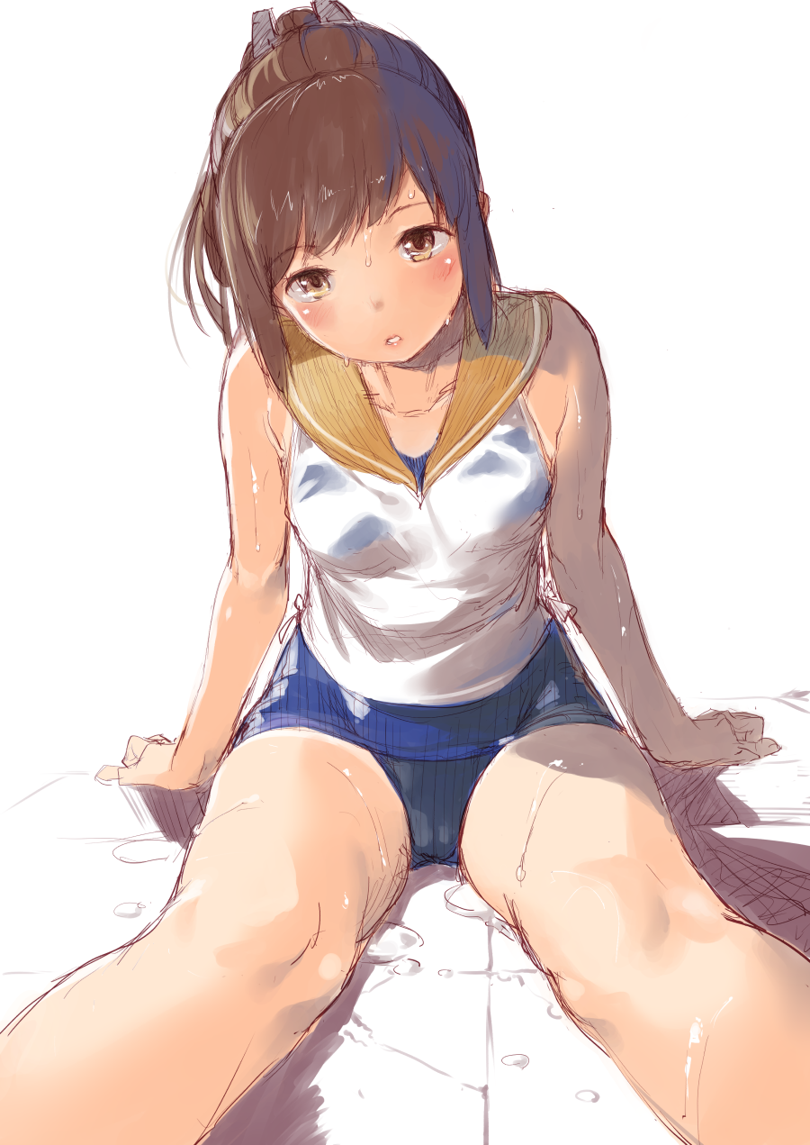 1girl bare_shoulders blue_one-piece_swimsuit blush brown_eyes brown_hair head_tilt highres i-401_(kancolle) kantai_collection karochii looking_at_viewer one-piece_swimsuit parted_lips ponytail sailor_collar school_swimsuit school_uniform serafuku shirt simple_background sitting sleeveless sleeveless_shirt solo swimsuit swimsuit_under_clothes wet white_background white_shirt yellow_sailor_collar