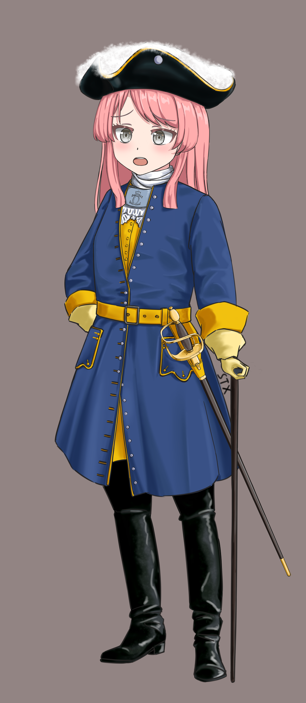 1girl absurdres bang_dream! bang_dream!_it&#039;s_mygo!!!!! belt black_boots black_hat blue_coat boots buttons cane ccxgx123 chihaya_anon coat gloves grey_eyes hat highres knee_boots long_hair military_uniform pink_hair rapier sweden swedish_uniform sword tachi-e tricorne weapon wrist_cuffs yellow_belt yellow_gloves yellow_trim yellow_wrist_cuffs