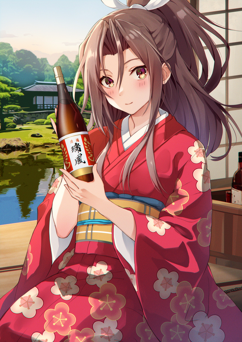 1girl architecture bottle brown_eyes brown_hair building commission day east_asian_architecture floral_print floral_print_kimono furisode hair_ribbon high_ponytail highres holding holding_bottle japanese_clothes kanden_sky kantai_collection kimono looking_at_viewer obi pixiv_commission pond ponytail print_kimono red_kimono ribbon sash shouji sitting sliding_doors smile solo white_ribbon wide_sleeves wooden_floor zuihou_(kancolle) zuihou_(new_year)_(kancolle) zuihou_kai_ni_(kancolle)