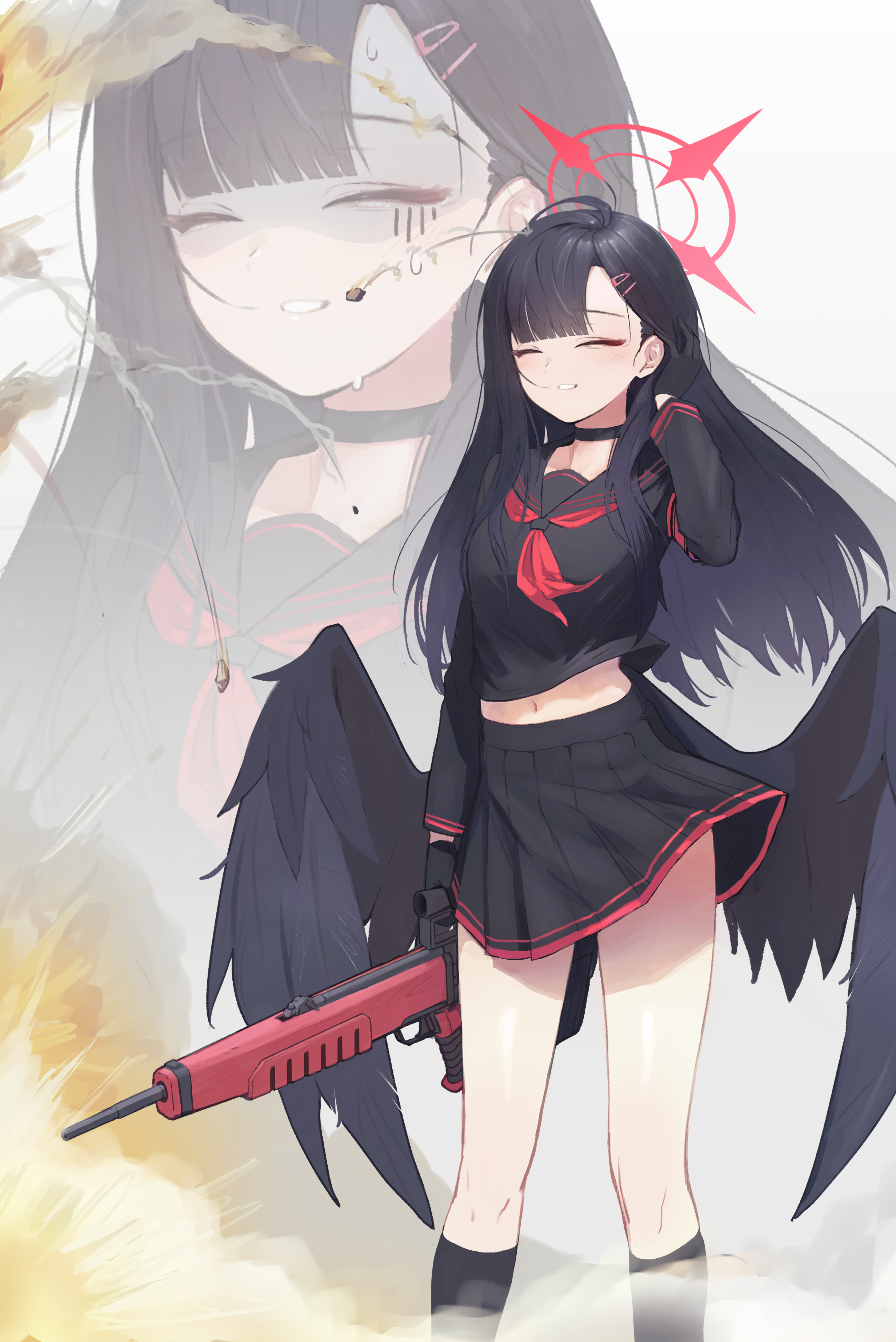 1girl absurdres assault_rifle black_hair black_shirt black_skirt black_wings blue_archive bullpup debris em-2 explosion feathered_wings feet_out_of_frame gun halo highres holding holding_gun holding_weapon ichika_(blue_archive) kabanoki low_wings midriff_peek navel rifle school_uniform serafuku shaded_face shirt skirt smile solo weapon wings zoom_layer