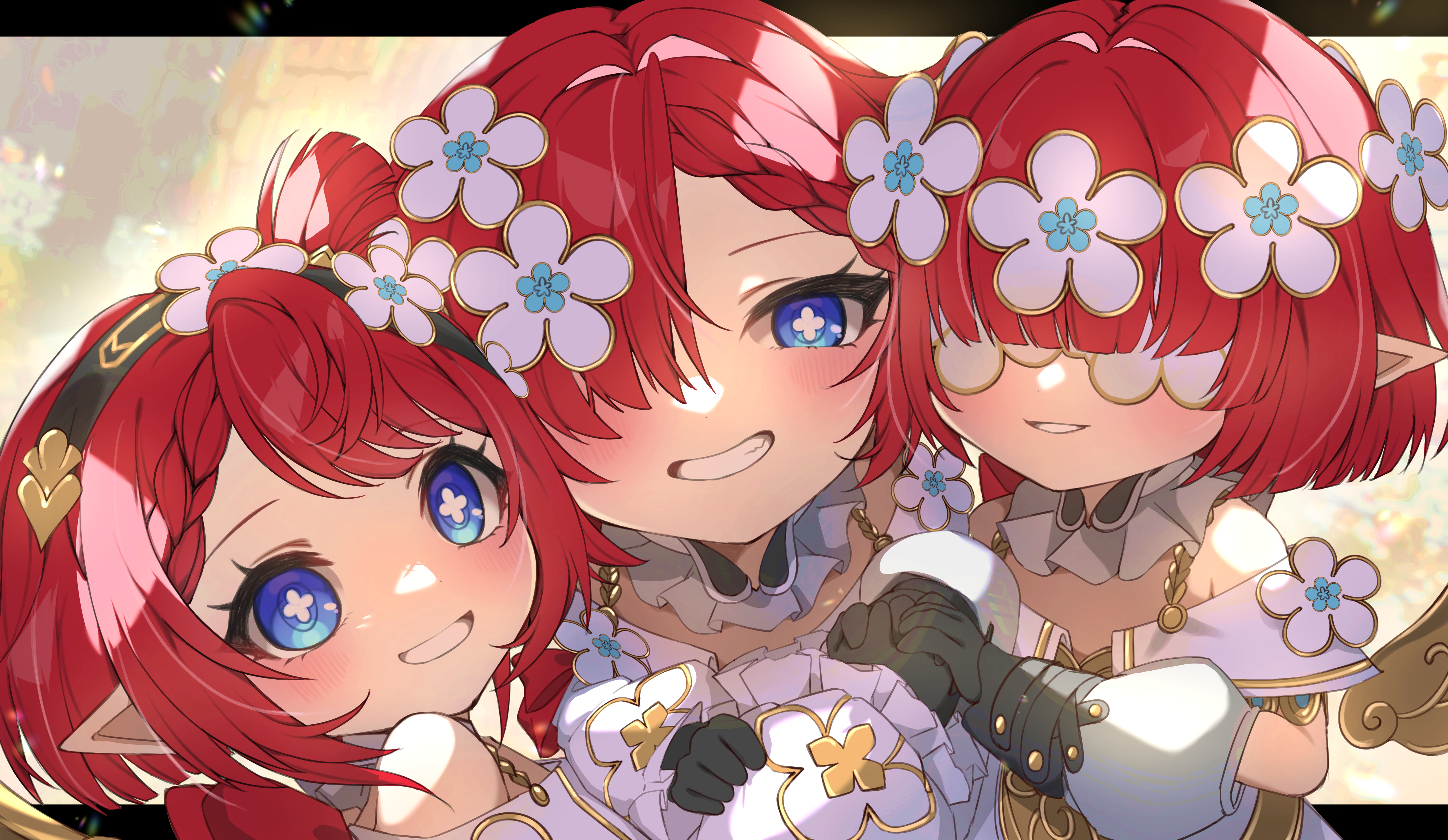3girls absurdres angel_wings black_gloves black_hairband blue_eyes commentary_request dress gloves hairband head_wreath highres honkai:_star_rail honkai_(series) looking_at_viewer moderate_gold multiple_girls pointy_ears red_hair short_hair smile trianne_(honkai:_star_rail) tribbie_(honkai:_star_rail) trinnon_(honkai:_star_rail) white_blindfold white_dress wings