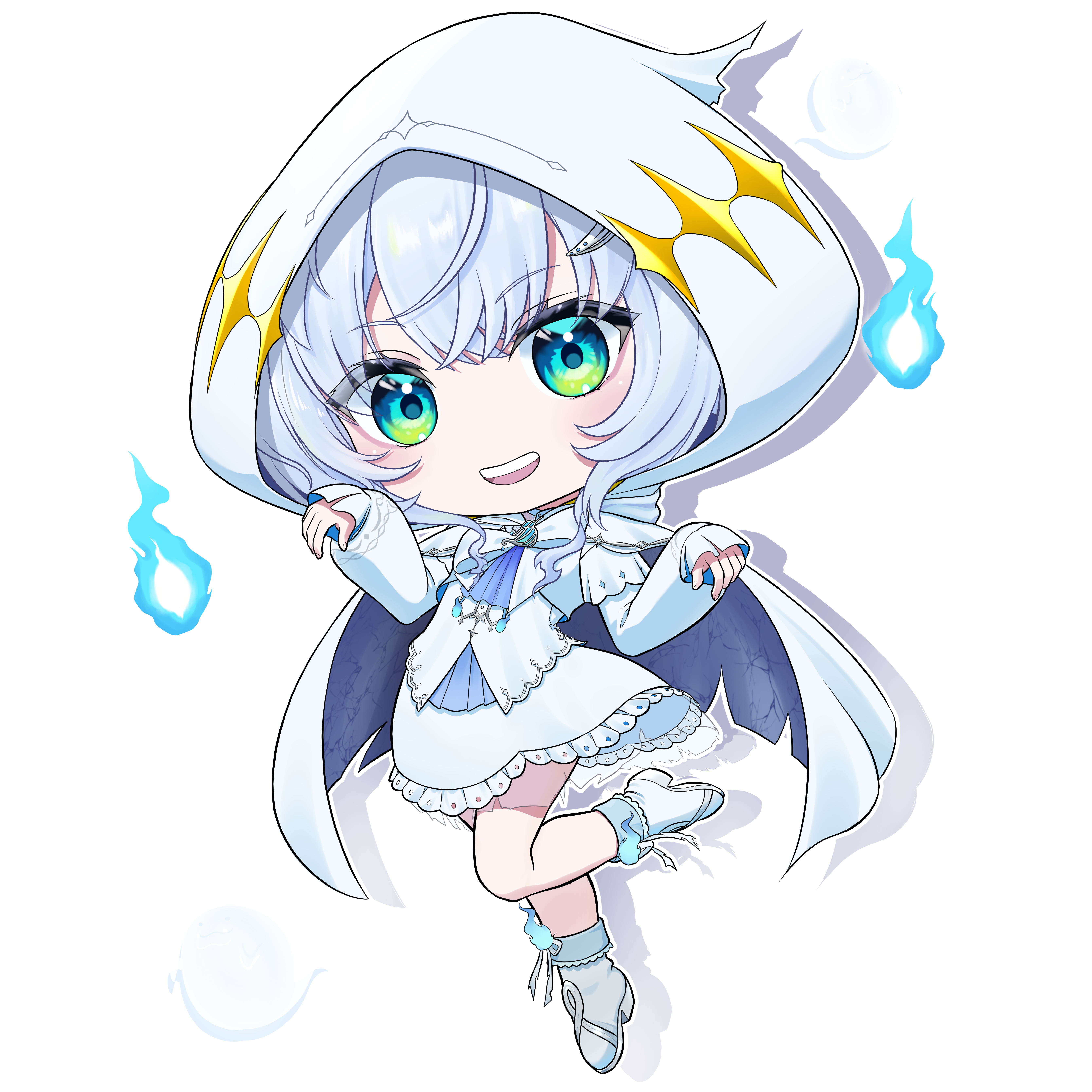 1girl :d absurdres ascot blue_ascot blue_eyes blue_fire blush boots briareos cape chibi chibi_only commentary_request dress fire frilled_dress frills full_body ghost highres hitodama hood hood_up hooded_cape kasukane_shino large_variant_set looking_at_viewer nanashi_inc. open_mouth shadow short_hair smile solo standing standing_on_one_leg transparent_background variant_set virtual_youtuber white_boots white_cape white_dress white_hair