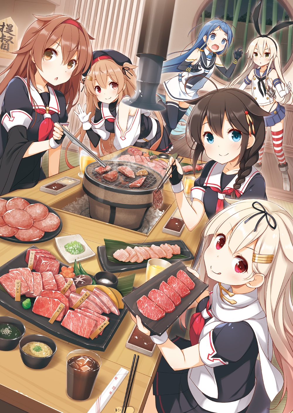 6+girls @_@ ahoge black_gloves black_headwear black_neckerchief black_panties black_ribbon black_serafuku black_thighhighs blonde_hair blue_eyes blue_hair blue_sailor_collar blue_skirt blush braid brown_eyes brown_hair chopsticks closed_mouth crop_top elbow_gloves fingerless_gloves food gloves griddle grill hair_between_eyes hair_flaps hair_ornament hair_ribbon hairband hairclip hat heterochromia highleg highleg_panties highres holding holding_chopsticks kantai_collection light_brown_hair long_hair meat miniskirt multiple_girls murasame_(kancolle) murasame_kai_ni_(kancolle) neckerchief open_mouth panties pleated_skirt red_eyes red_hairband red_neckerchief ribbon sailor_collar samidare_(kancolle) scarf school_uniform serafuku shigure_(kancolle) shigure_kai_ni_(kancolle) shimakaze_(kancolle) shiratsuyu_(kancolle) shiratsuyu_kai_ni_(kancolle) short_sleeves single_braid skirt sleeveless smile striped_clothes striped_thighhighs thighhighs tongs two_side_up underwear white_gloves white_scarf white_skirt yakiniku yellow_eyes yume_no_owari yuudachi_(kancolle) yuudachi_kai_ni_(kancolle)