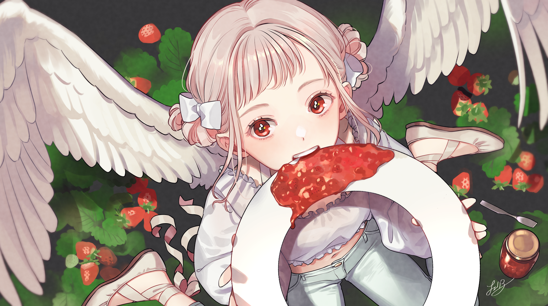 1girl angel angel_wings blonde_hair blush bow cherico commentary denim double_bun eating eating_halo flats food footwear_ribbon from_above fruit hair_bow hair_bun halo halo_removed highres holding_halo imminent_bite jam jar jeans looking_away medium_hair midriff navel off-shoulder_shirt off_shoulder open_mouth original pants plant red_eyes shirt sidelocks signature sitting smile solo strawberry symbol-only_commentary teeth thick_eyebrows wariza wings
